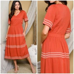 POLAGRAM Boho Chic Rust Short Embroidered Detail Midi Tired Dress